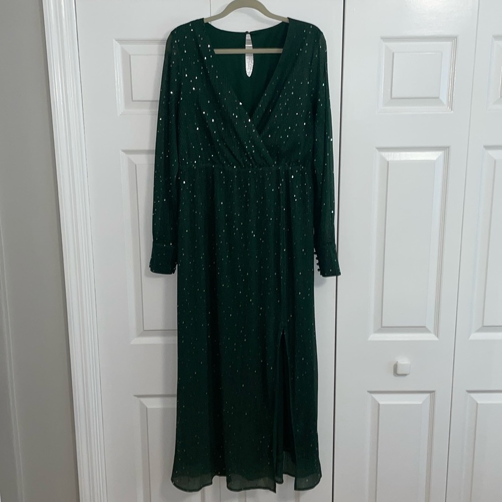 Dark Green - Large - Women's V Neck Formal Long Sleeve Maxi Dress w/Slit